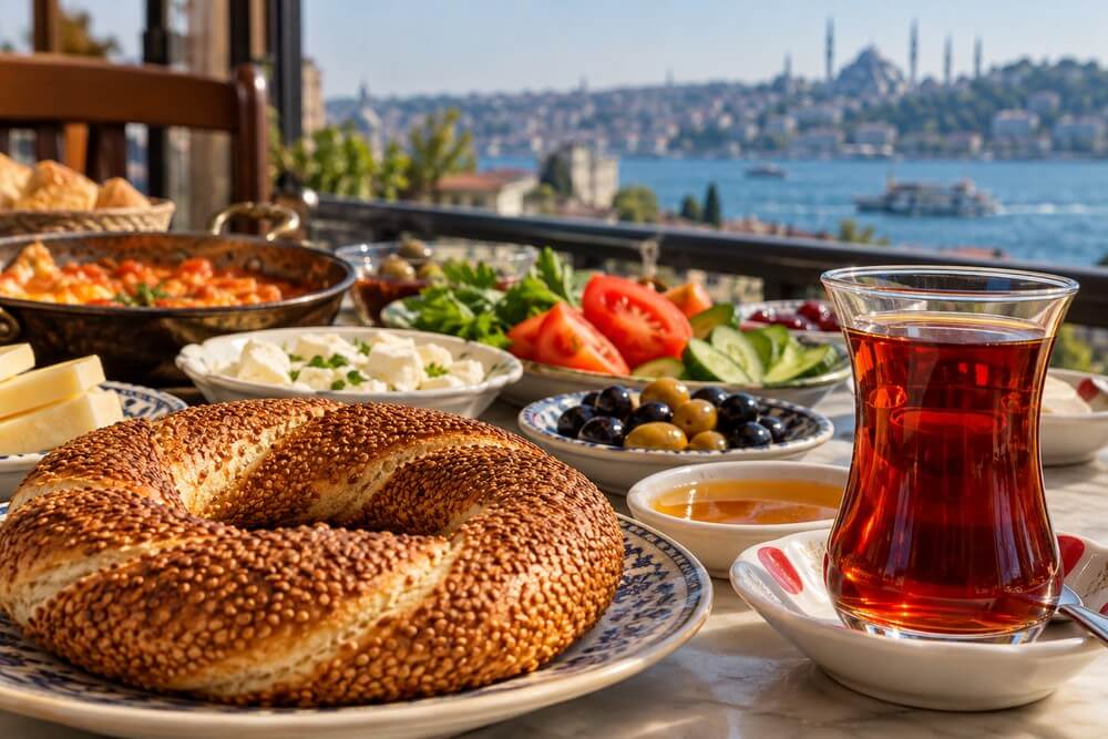 Simit i turecka herbata çay w szklaneczce