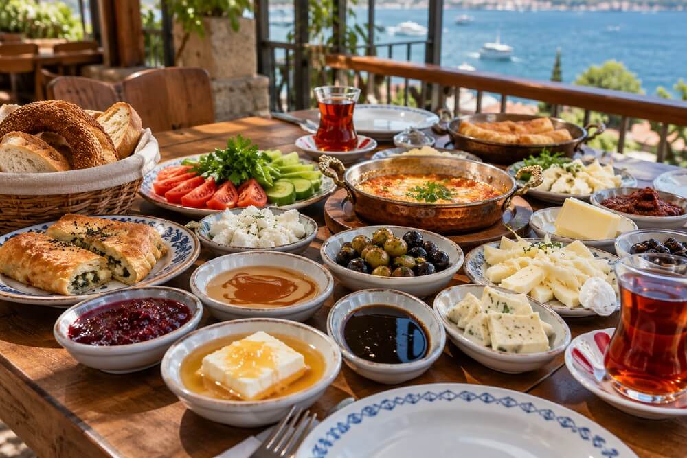 Serpme kahvaltı z serami oliwkami i pieczywem